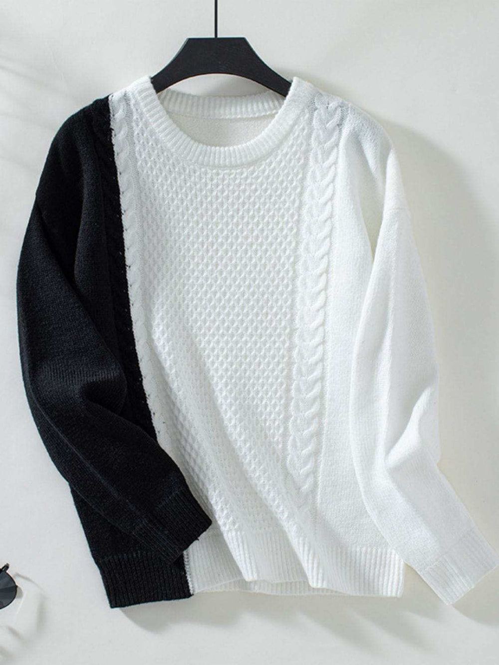 Two Tone Cable Knit Round Neck Long Sleeve Sweater - Trendsi - Flyclothing LLC