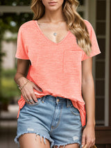 Pocketed Heathered V-Neck Short Sleeve T-Shirt - Trendsi - Flyclothing LLC
