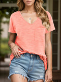 Pocketed Heathered V-Neck Short Sleeve T-Shirt - Trendsi - Flyclothing LLC