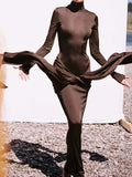 Ruched Turtleneck Long Sleeve Tie Front Maxi Dress - Trendsi - Flyclothing LLC