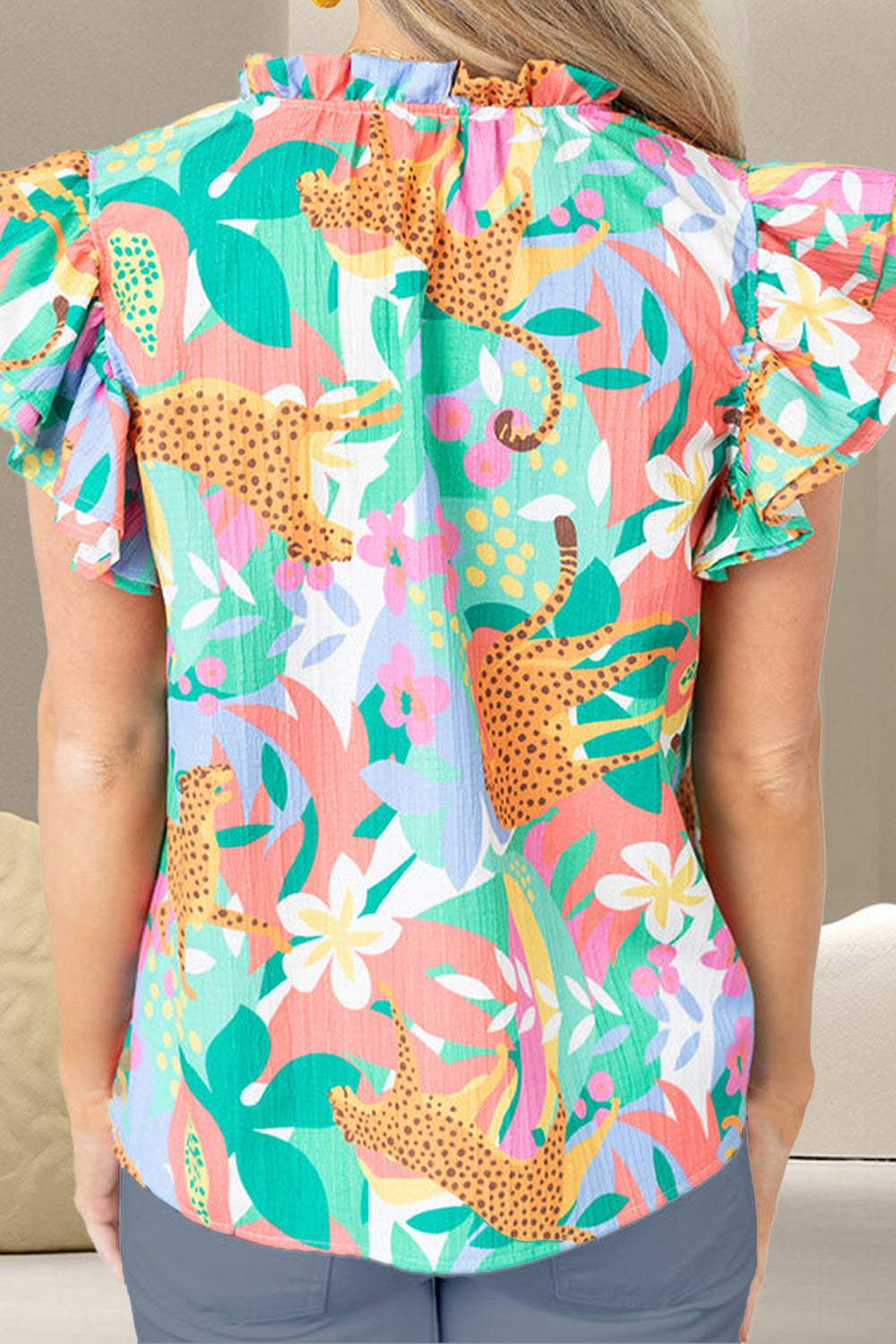 Ruffled Printed Tie Neck Cap Sleeve Blouse - Trendsi - Flyclothing LLC