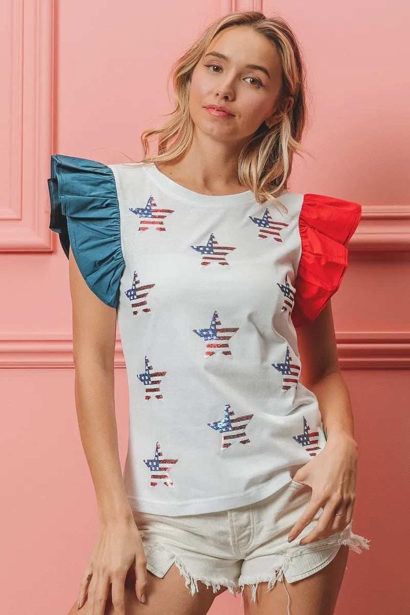 BiBi American Flag Sequin Stars Top - Trendsi - Flyclothing LLC