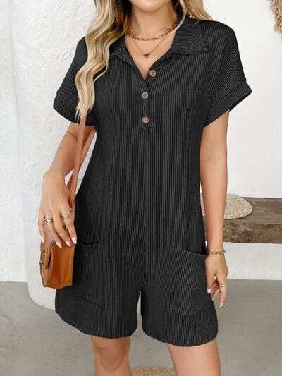 Button Detail Collared Neck Short Sleeve Romper - Trendsi - Flyclothing LLC