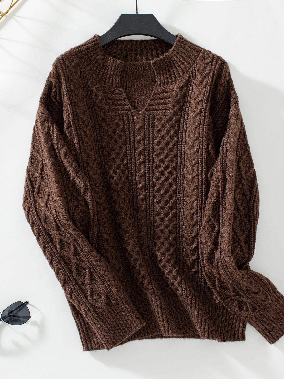 Cable-Knit Notched Long Sleeve Sweater - Trendsi