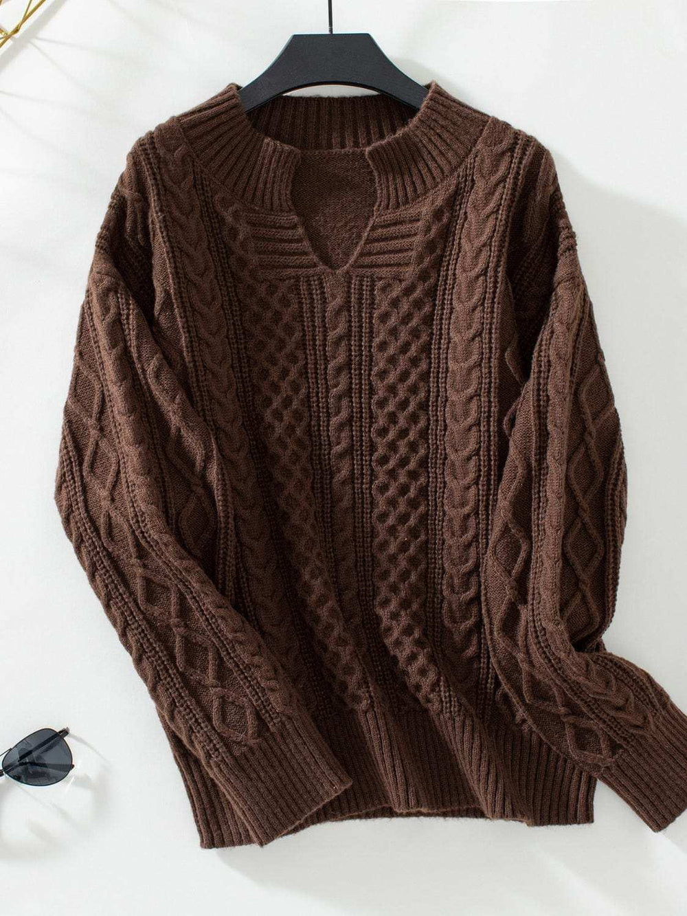 Cable-Knit Notched Long Sleeve Sweater - Trendsi - Flyclothing LLC