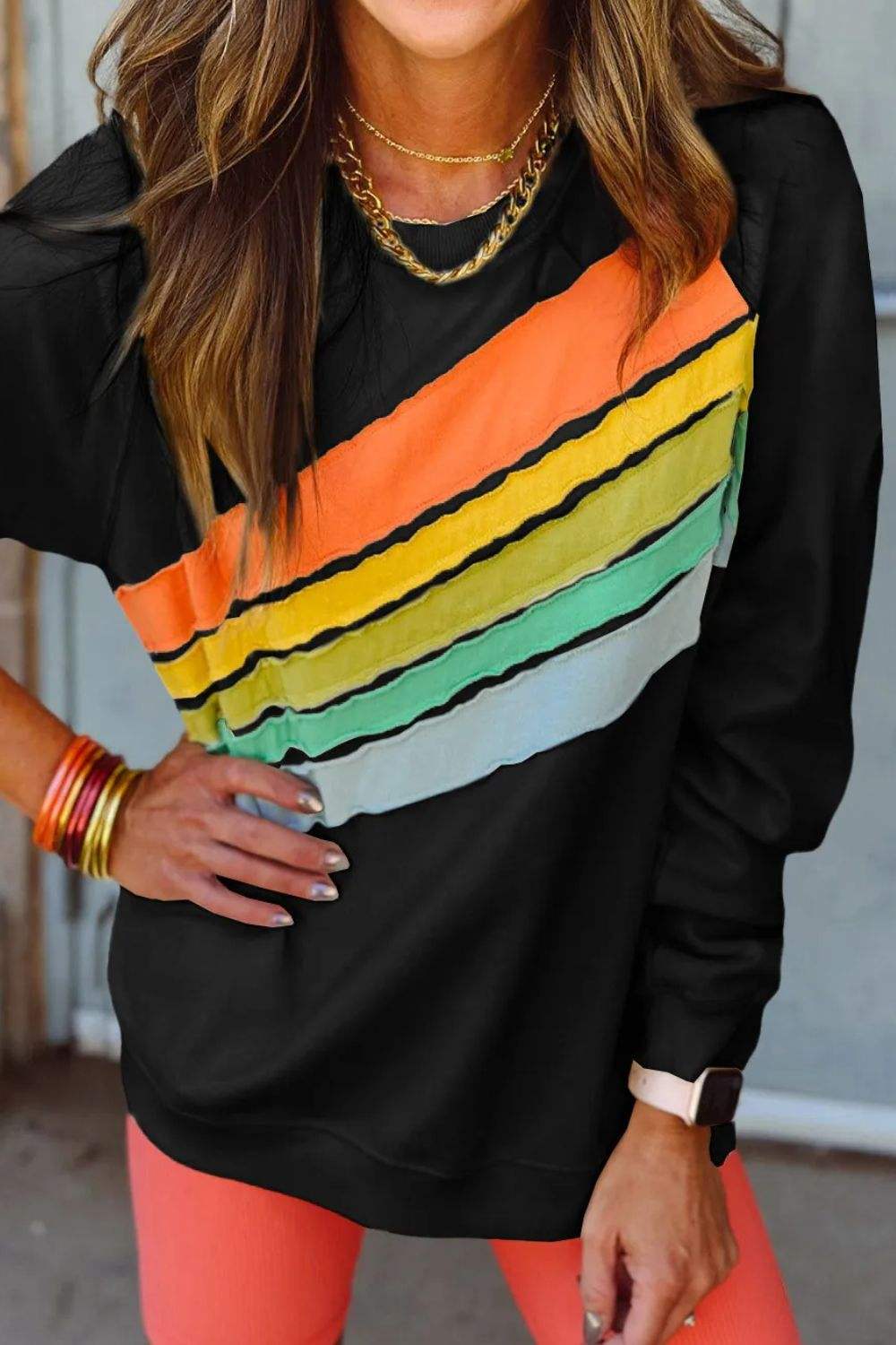 Contrast Round Neck Long Sleeve Sweatshirt - Trendsi - Flyclothing LLC