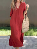 Full Size Notched Half Sleeve Midi Dress - Trendsi - Flyclothing LLC