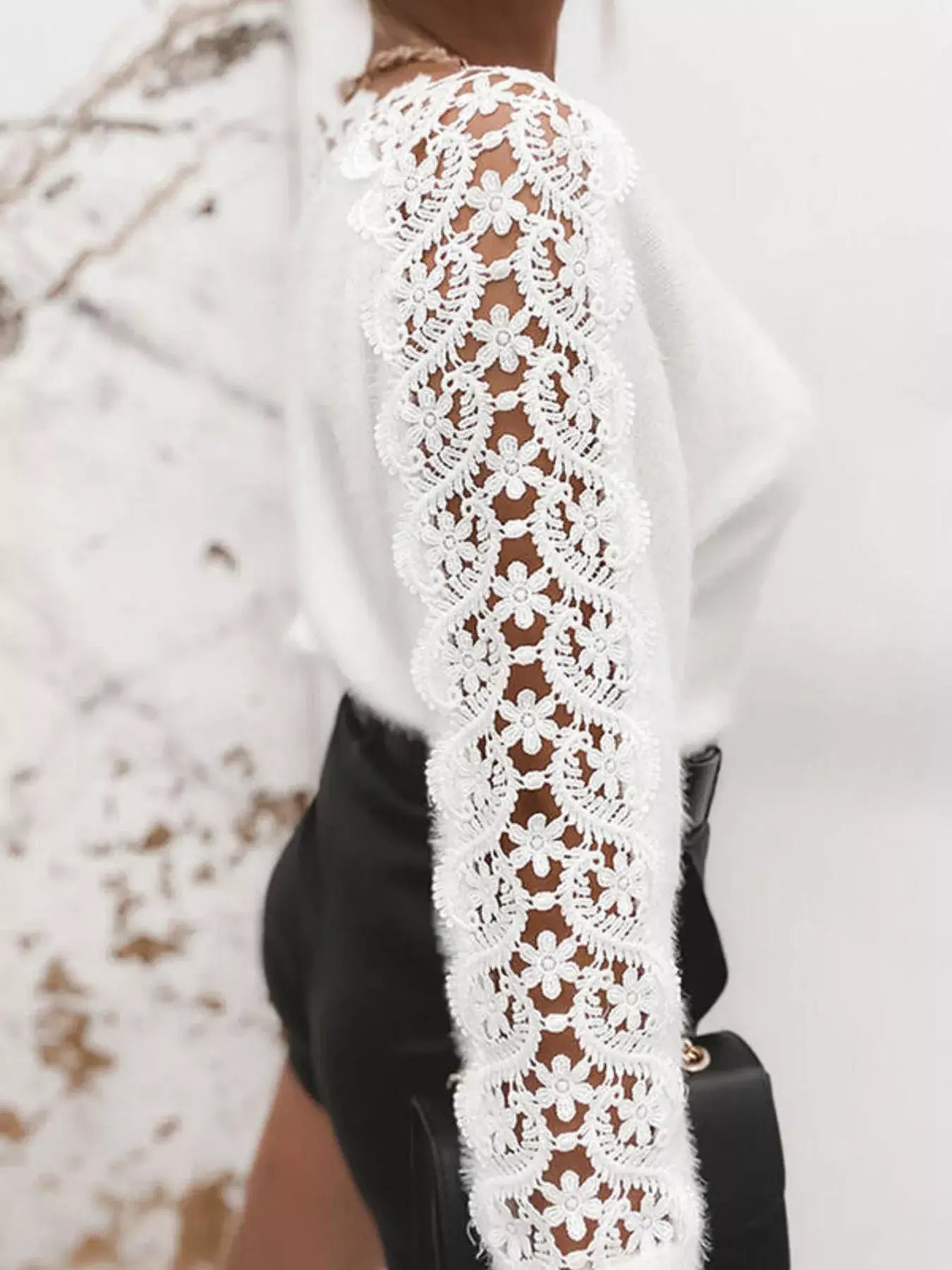 Lace Trim Round Neck Sweater - Trendsi - Flyclothing LLC