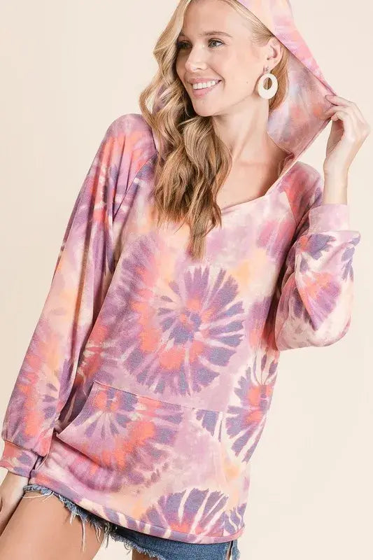 BiBi Circular Tie Dye Print Terry Hoodie with Kangaroo - Trendsi - Flyclothing LLC
