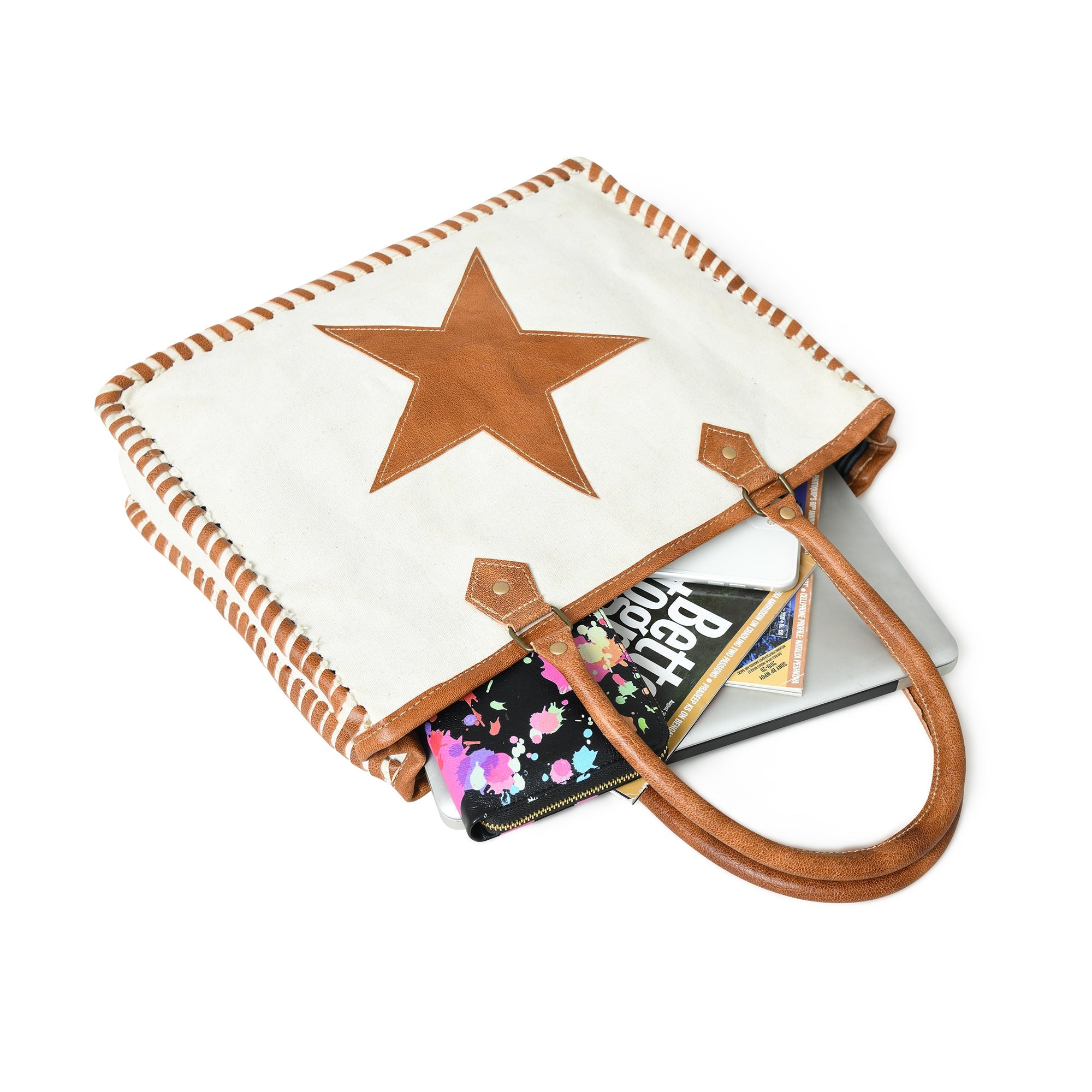 Star Upcycled Canvas Shoulder Tote - Classy Leather Bags - Flyclothing LLC