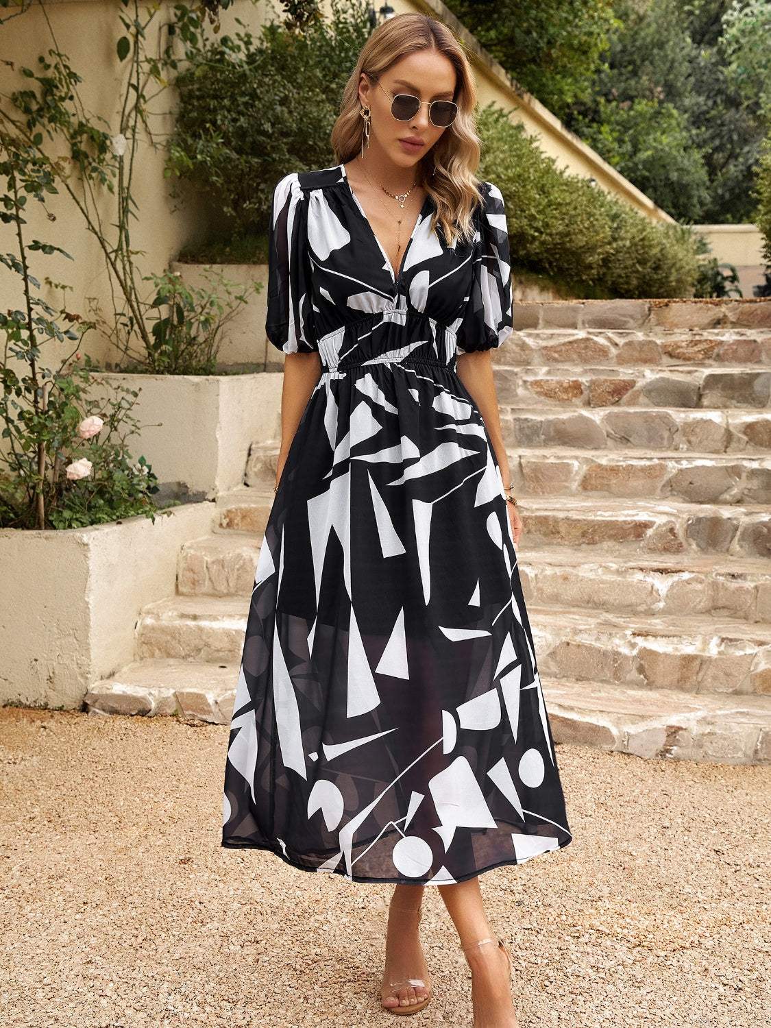 Smocked Printed V-Neck Half Sleeve Midi Dress - Trendsi - Flyclothing LLC
