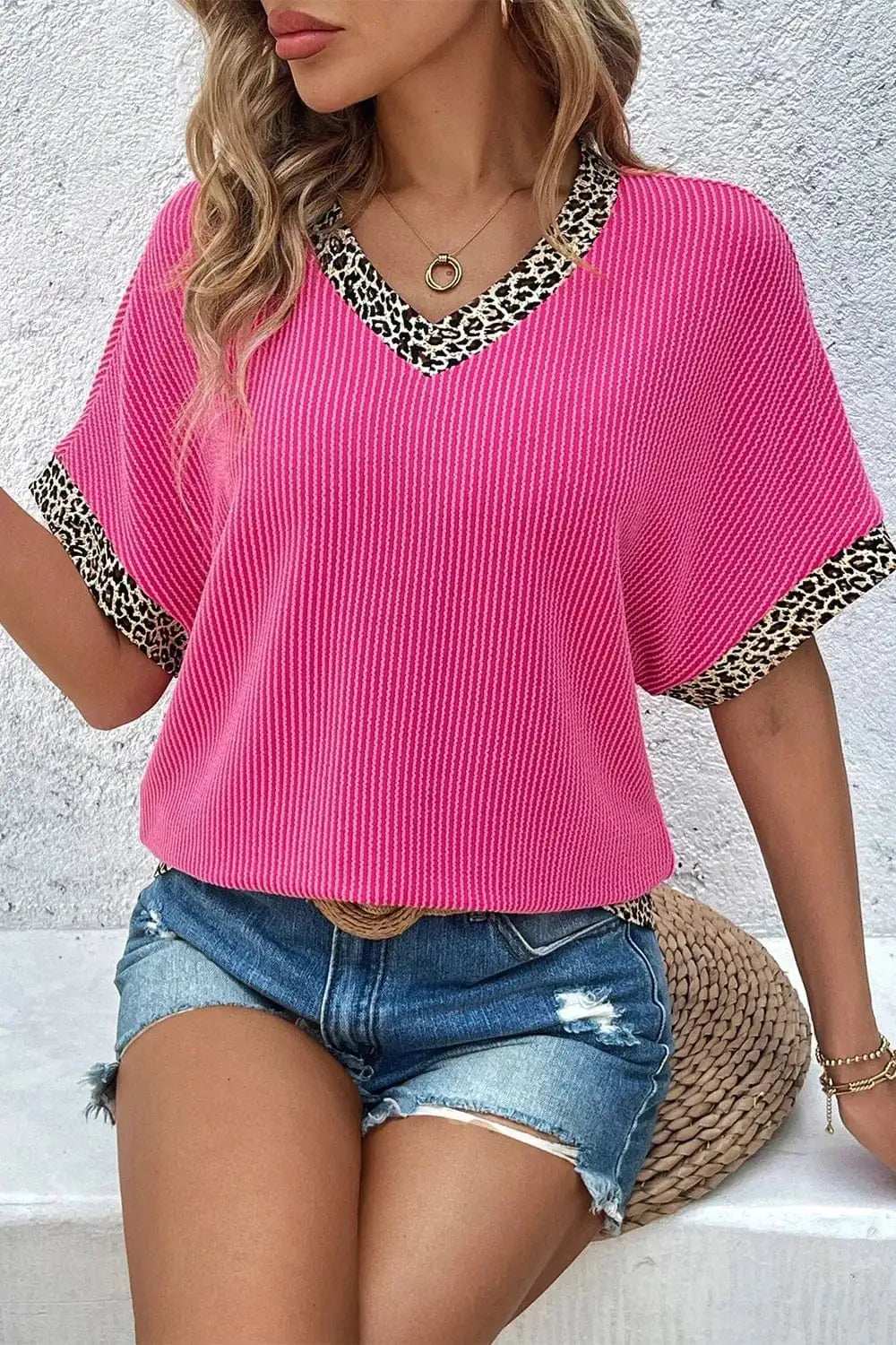 V-Neck Leopard Trim Ribbed Blouse - Trendsi - Flyclothing LLC
