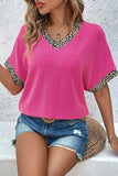 V-Neck Leopard Trim Ribbed Blouse - Trendsi - Flyclothing LLC