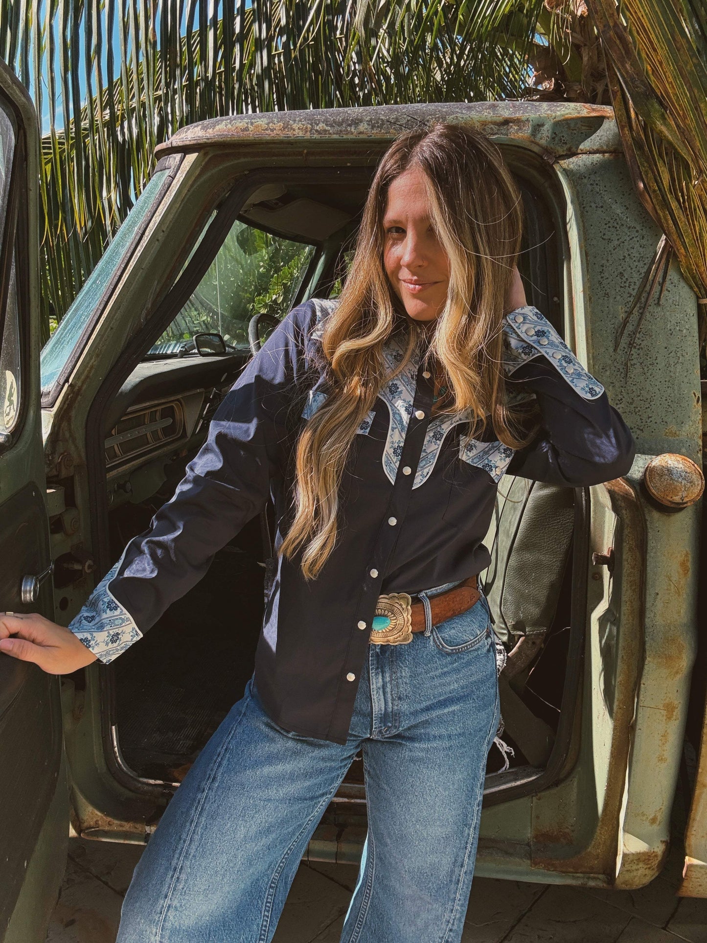 John Wayne Western Pearl Snap Button Up Top In Denim Blue - Lil Bee's Bohemian - Flyclothing LLC