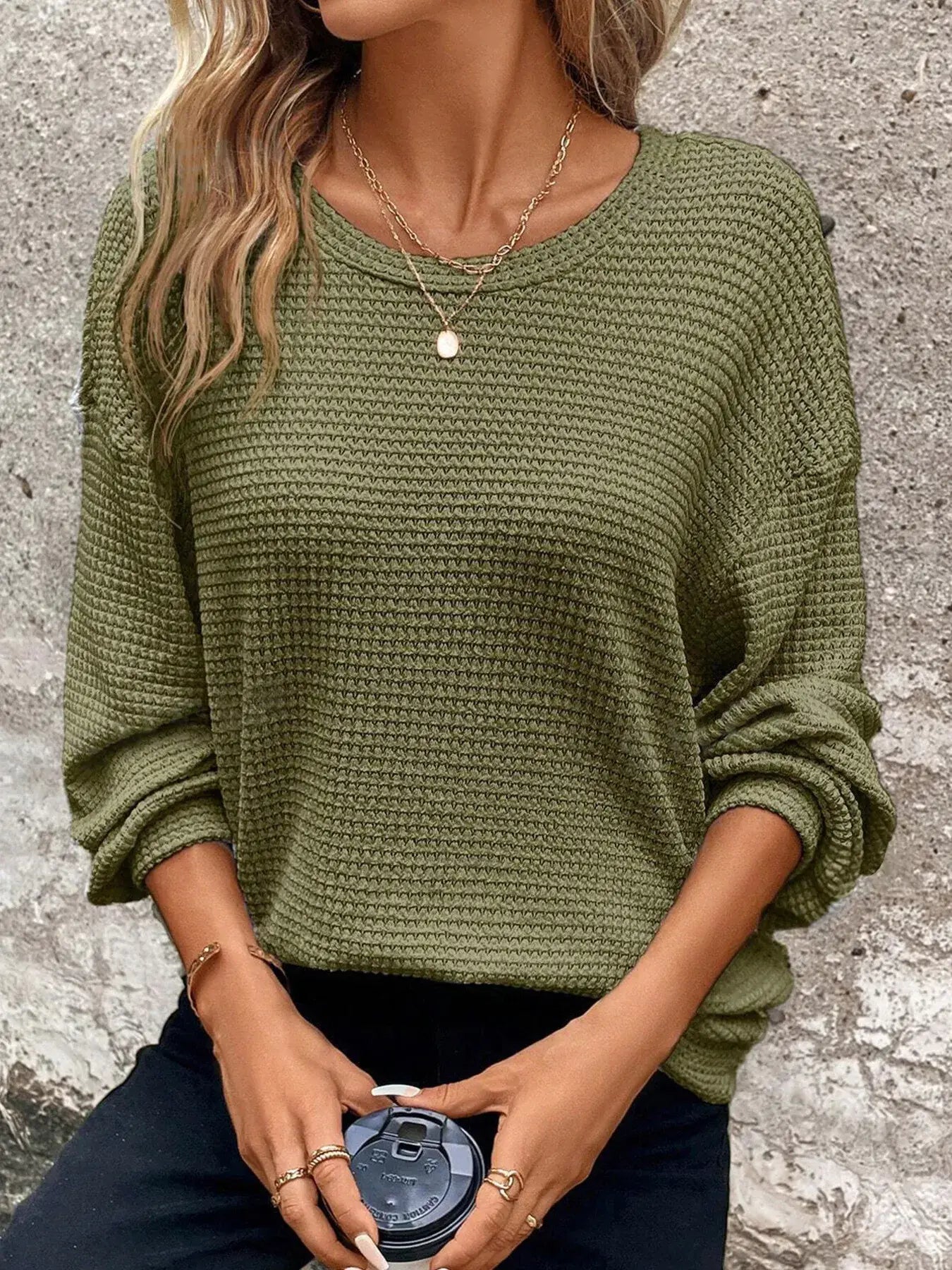 Plus Size Relaxed Fit Waffle Knit Round Neck T-Shirt - Trendsi - Flyclothing LLC