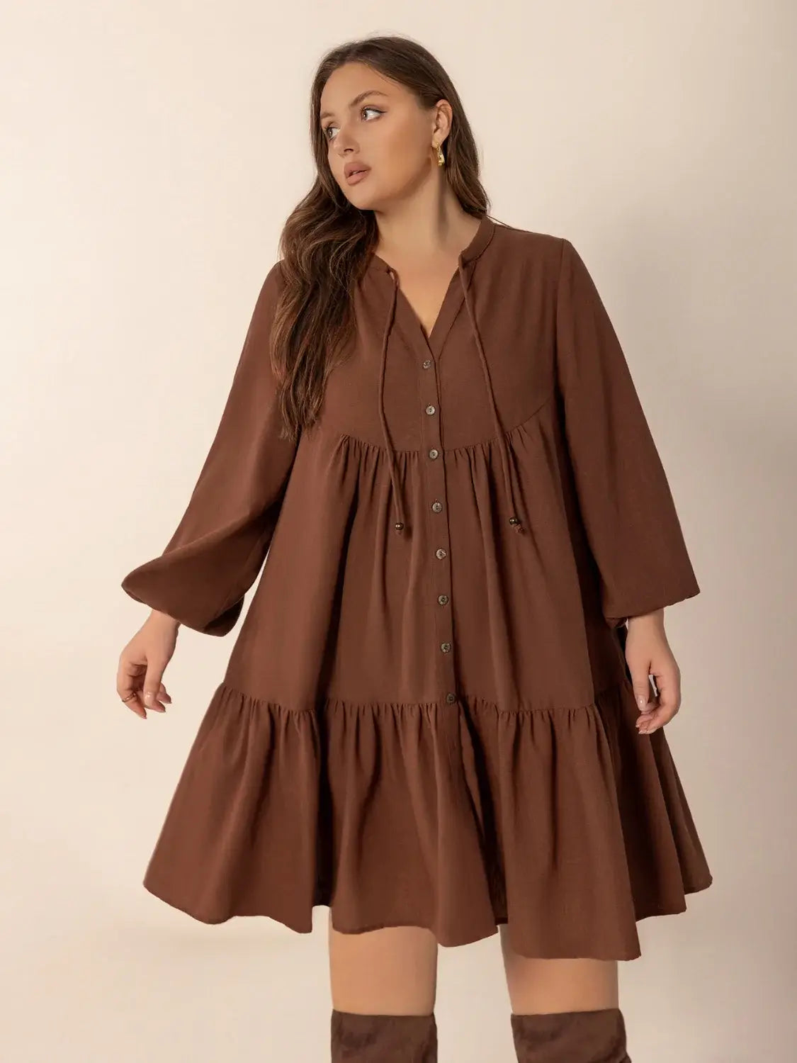 Plus Size Tie Neck Balloon Sleeve Tiered Dress - Trendsi - Flyclothing LLC