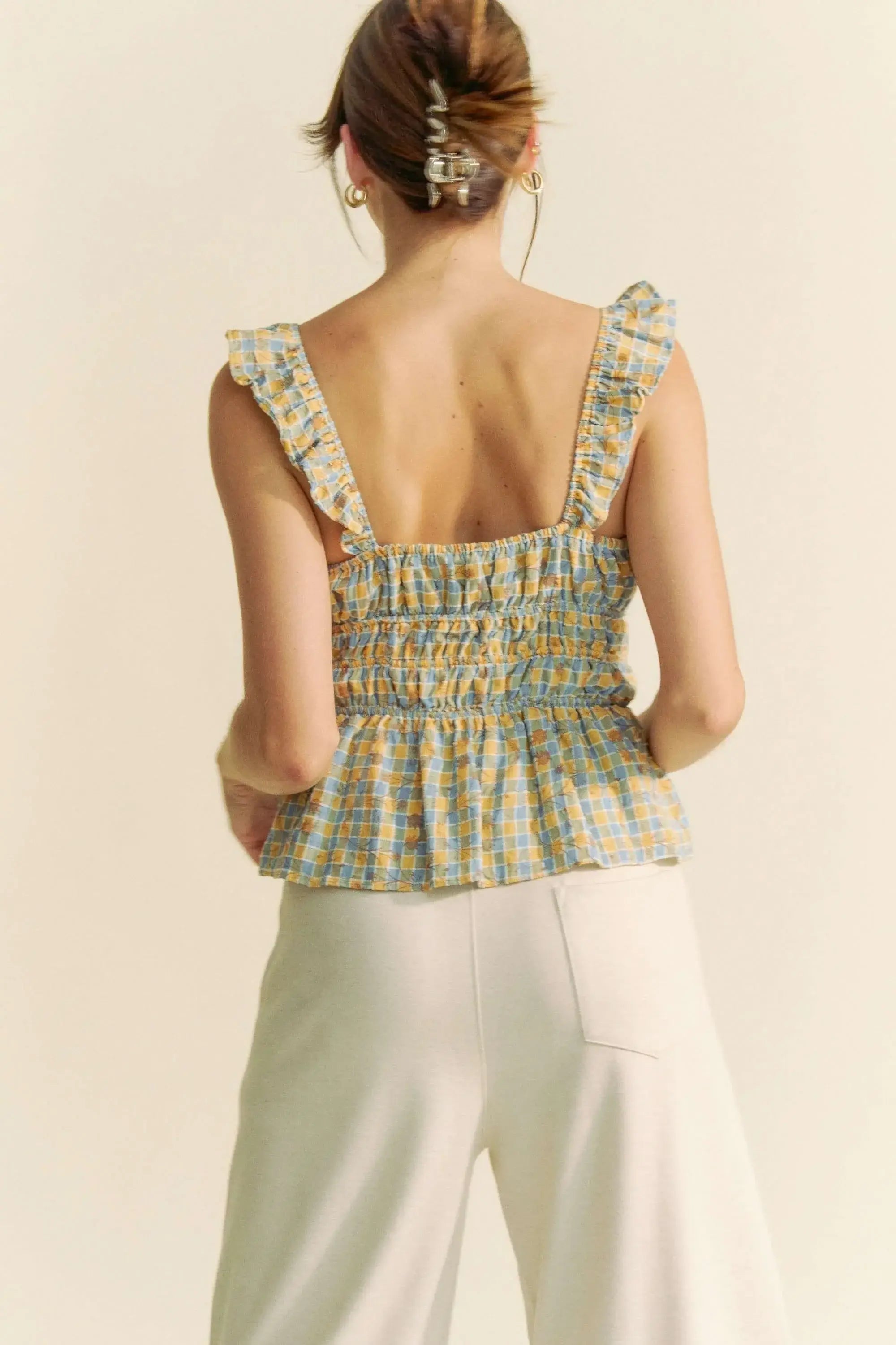 Davi & Dani Plaid Ruffled Strap Smocked Sleeveless Top - Trendsi - Flyclothing LLC