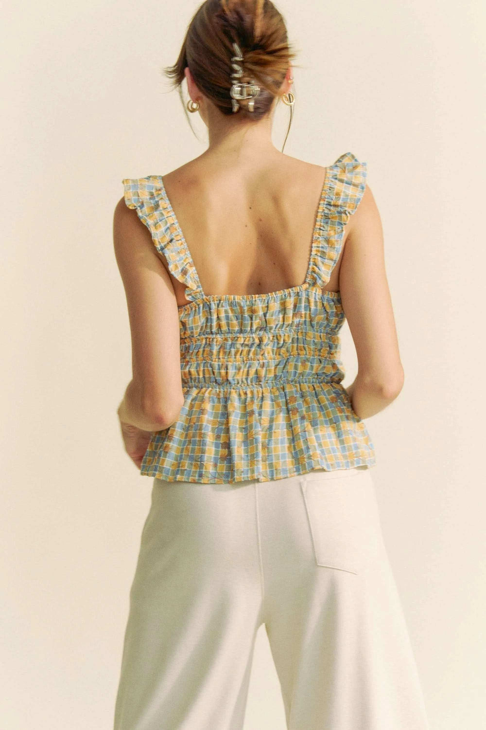 Davi & Dani Plaid Ruffled Strap Smocked Sleeveless Top - Trendsi - Flyclothing LLC