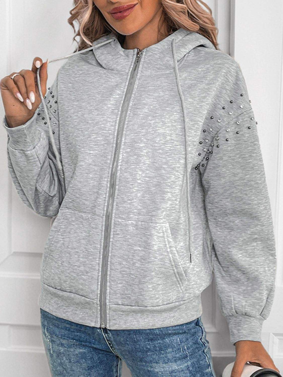 Perfee Rhinestone Zip Up Long Sleeve Hoodie - Trendsi - Flyclothing LLC