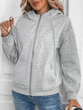 Perfee Rhinestone Zip Up Long Sleeve Hoodie - Trendsi
