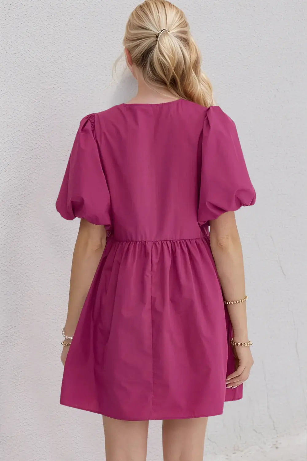 Oh Bow Ruched Puff Sleeve Mini Dress - Trendsi - Flyclothing LLC
