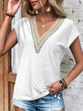 Eyelet V-Neck Cap Sleeve Blouse - Trendsi