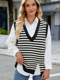 Slit V-Neck Striped Sweater Vest - Trendsi - Flyclothing LLC