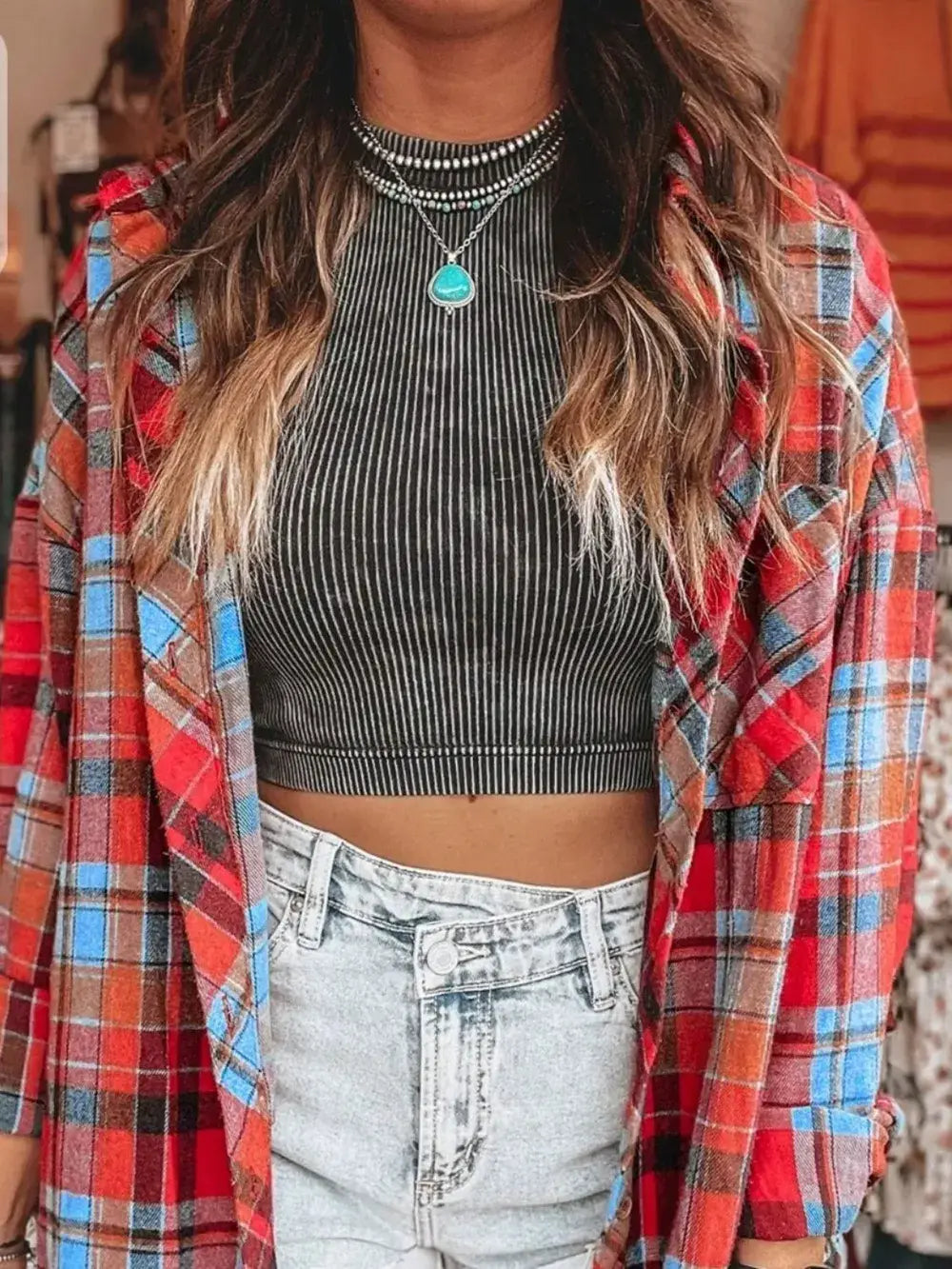 Plaid Collared Neck Long Sleeve Shirt - Trendsi - Flyclothing LLC