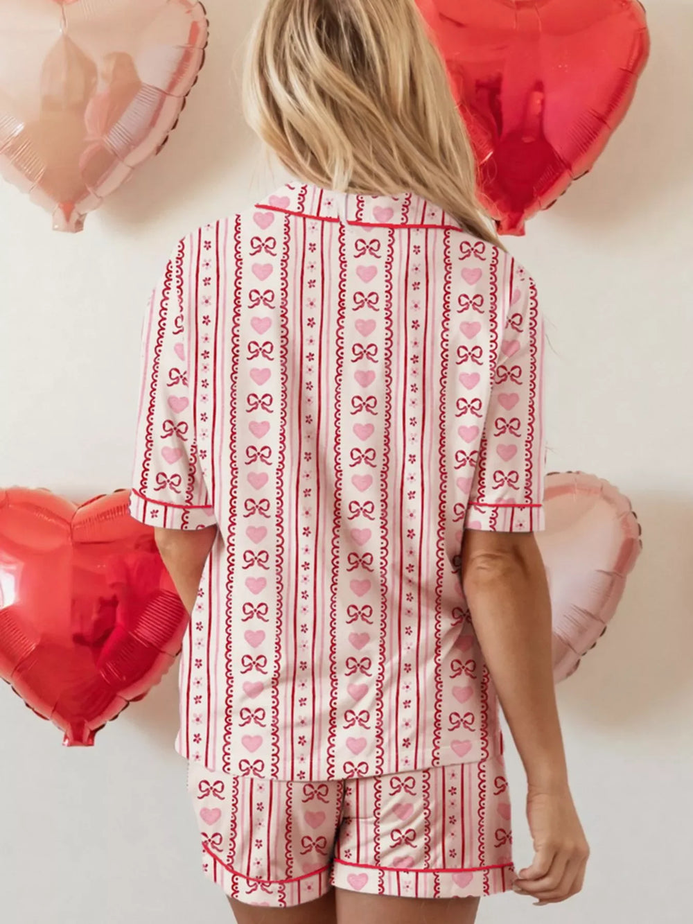 Bow Heart Print Ribbon Decor Short 2pcs Pajama Set - Trendsi - Flyclothing LLC