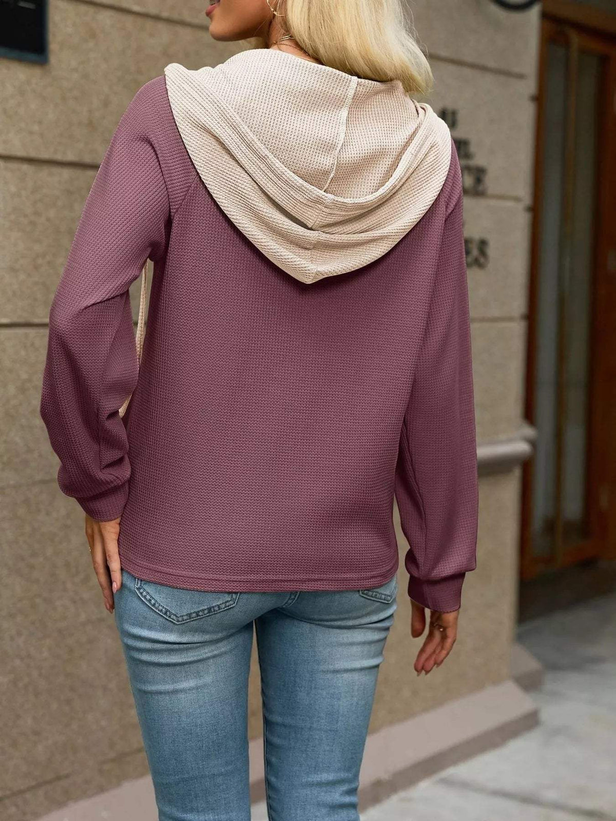Waffle Knit Henley Hoodie with Contrast Trim - Trendsi - Flyclothing LLC