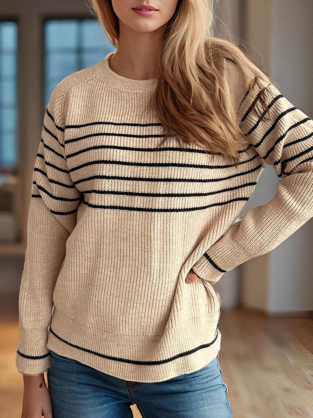 Striped Round Neck Long Sleeve Sweater - Trendsi - Flyclothing LLC