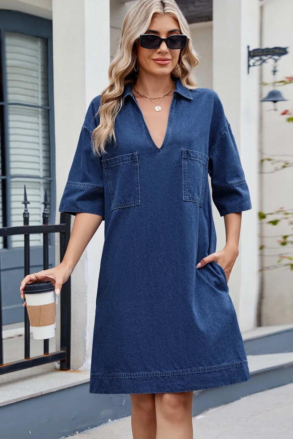 Johnny Collar Half Sleeve Denim Dress - Trendsi - Flyclothing LLC
