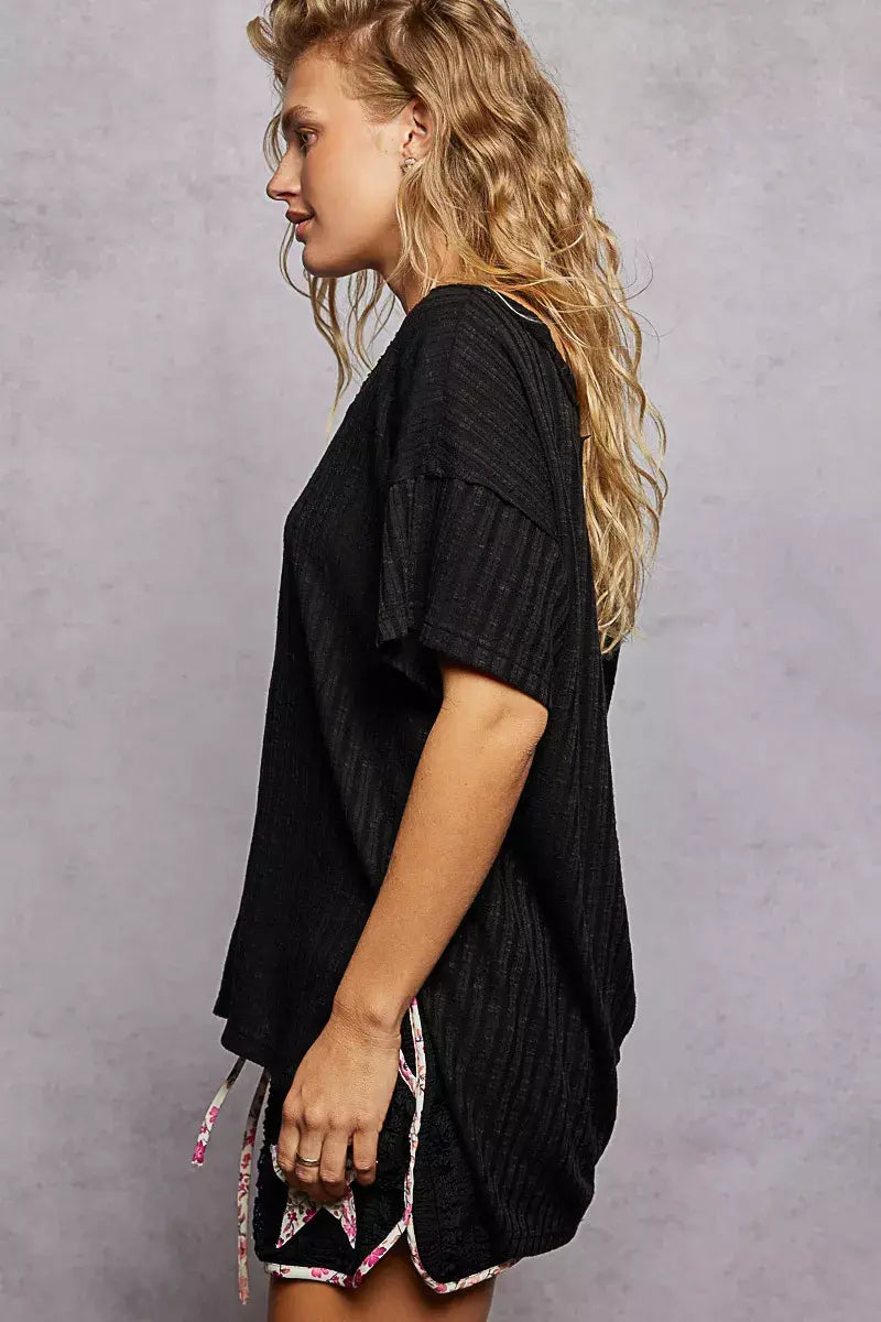 POL Ribbed Knit V-Neck Short Sleeve T-Shirt - Trendsi - Flyclothing LLC