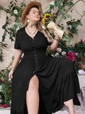 Plus Size Ruffled Hem Button Down V-Neck Short Sleeve Maxi Dress - Trendsi - Flyclothing LLC
