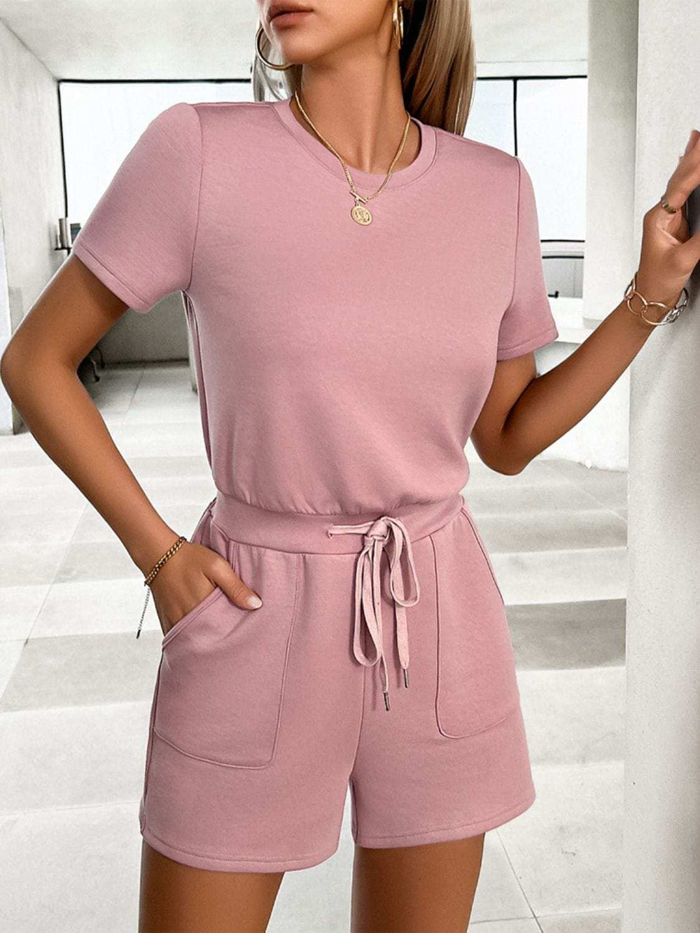 Tied Round Neck Short Sleeve Romper - Trendsi - Flyclothing LLC