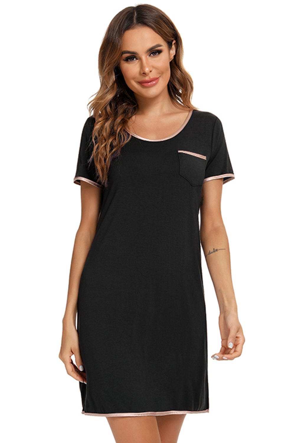 Contrast Trim Pocketed Round Neck Lounge Dress - Trendsi - Flyclothing LLC
