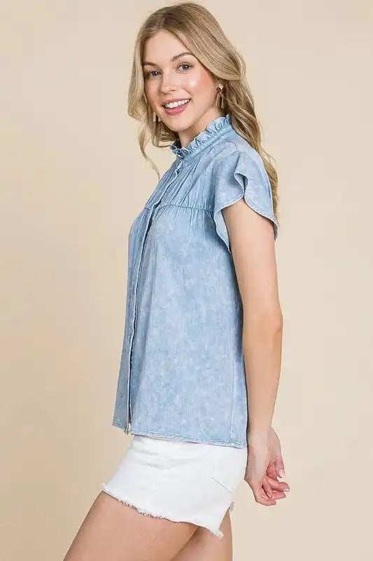 Lime 'N' Chili Mineral Wash Flutter Sleeve Button Down Shirt - Trendsi - Flyclothing LLC