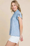 Lime 'N' Chili Mineral Wash Flutter Sleeve Button Down Shirt - Trendsi - Flyclothing LLC
