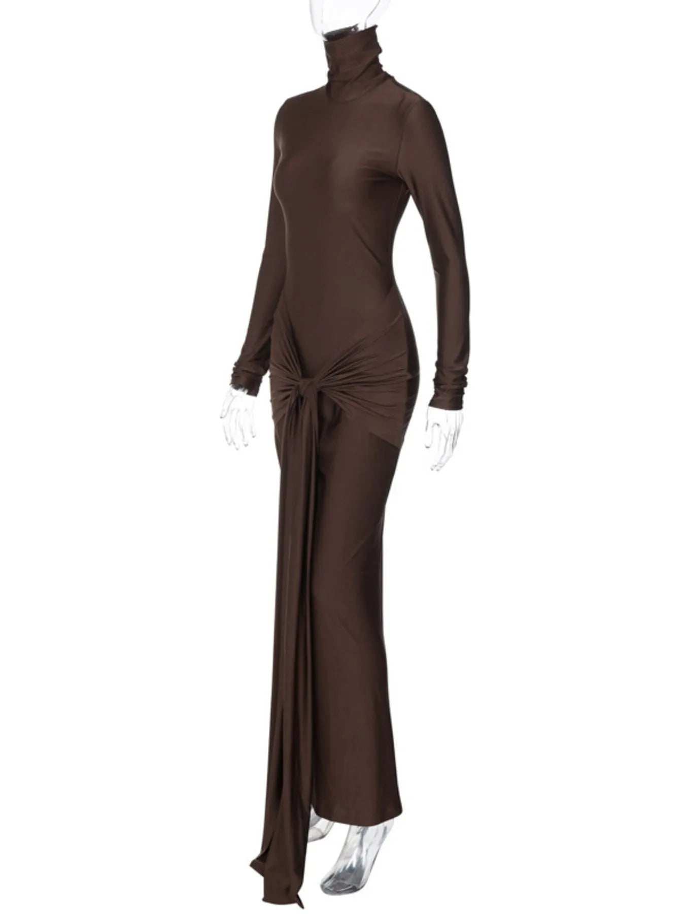 Ruched Turtleneck Long Sleeve Tie Front Maxi Dress - Trendsi - Flyclothing LLC