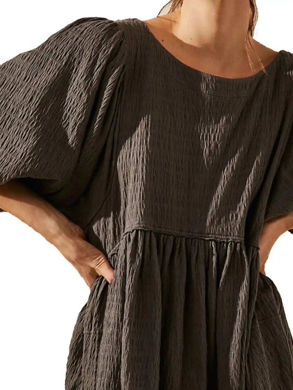 Cutout Textured Long Sleeve Mini Dress - Trendsi - Flyclothing LLC