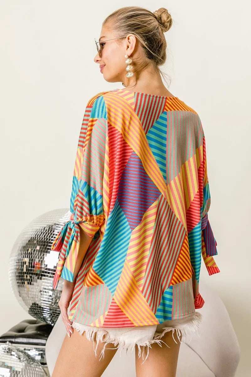 BiBi Multi Stripe Block Printed Jersey Blouse with Tied Sleeves - Trendsi - Flyclothing LLC