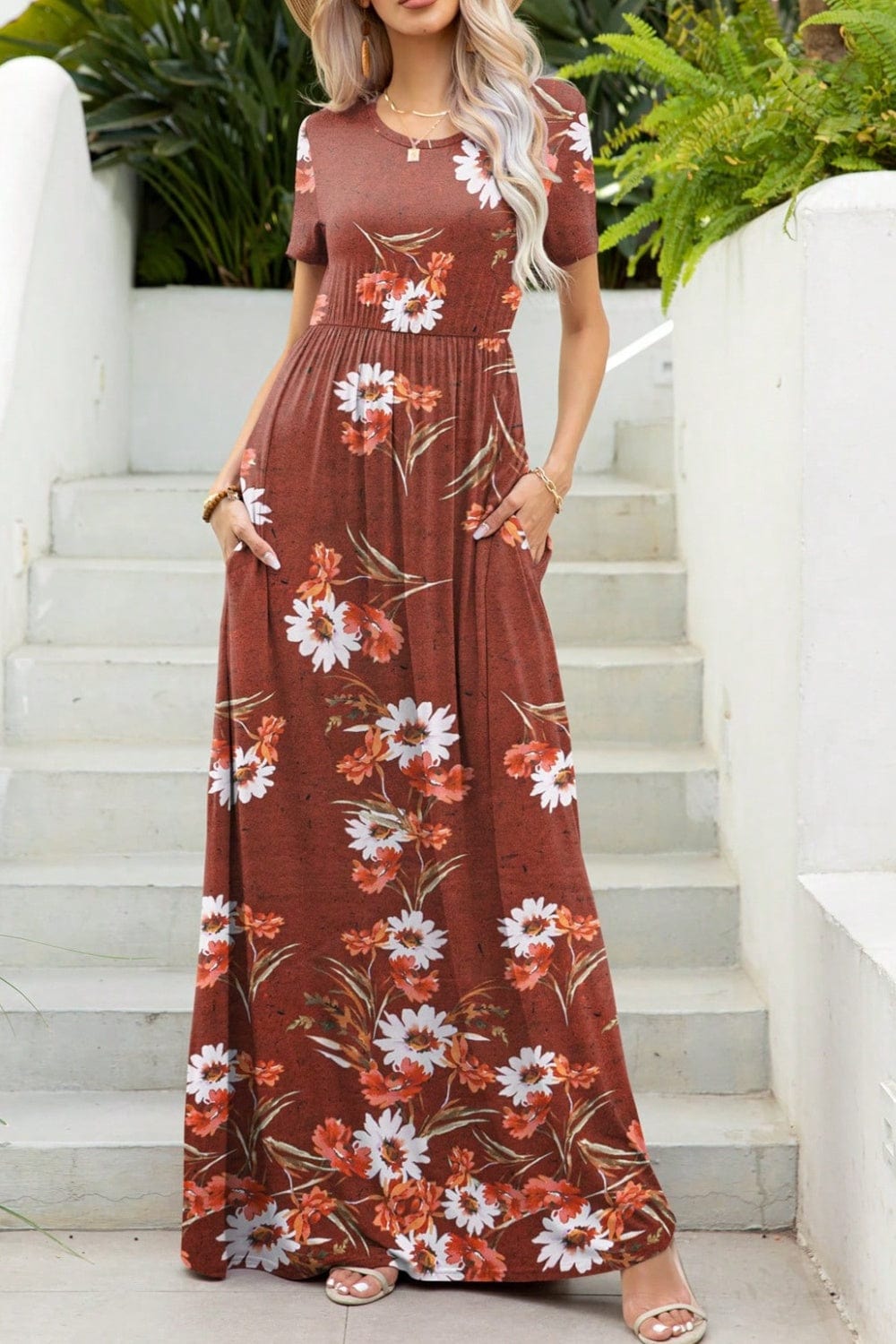 Printed Round Neck Short Sleeve Maxi Dress - Trendsi