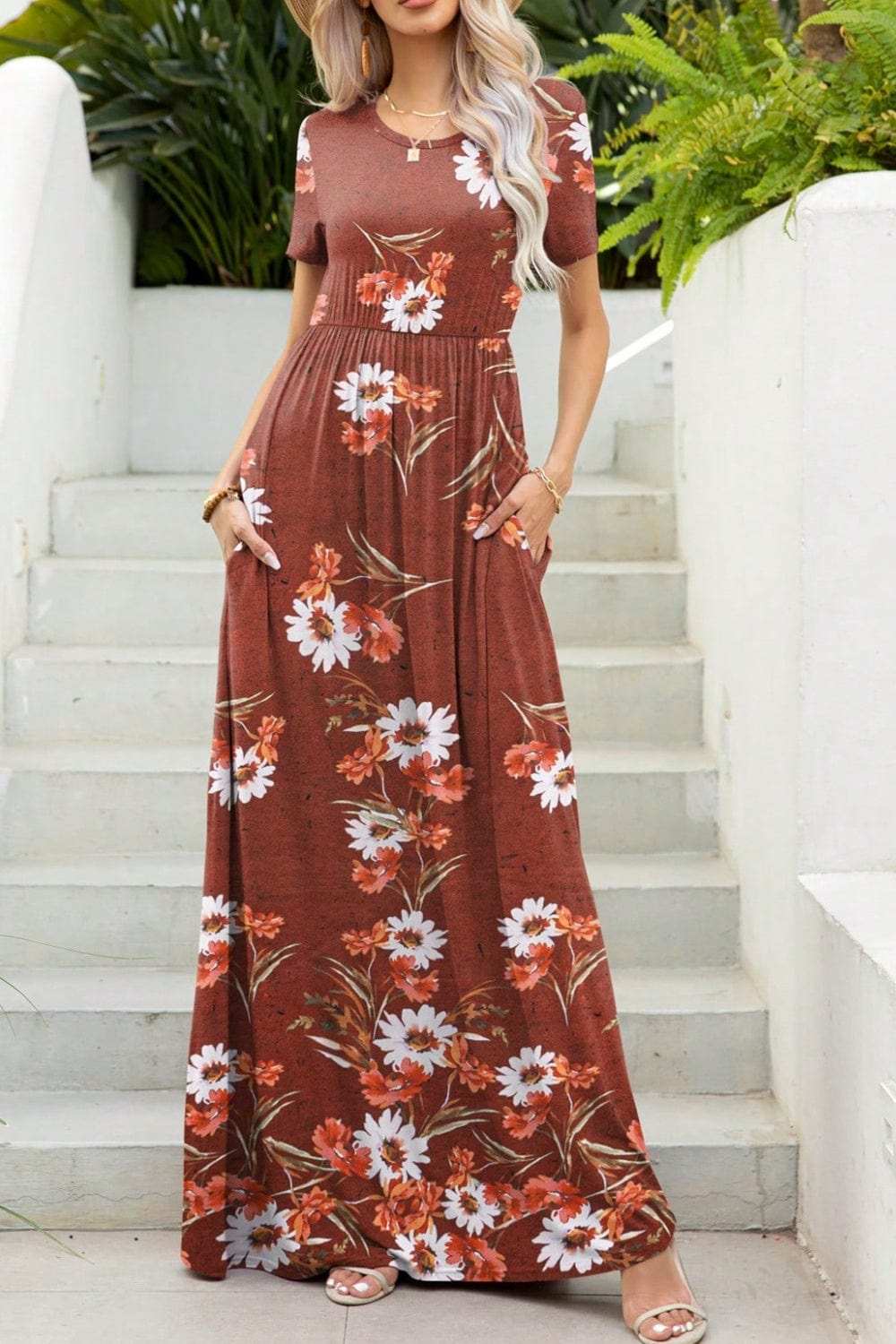Printed Round Neck Short Sleeve Maxi Dress - Trendsi - Flyclothing LLC