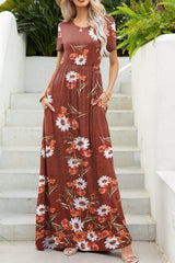 Printed Round Neck Short Sleeve Maxi Dress - Trendsi