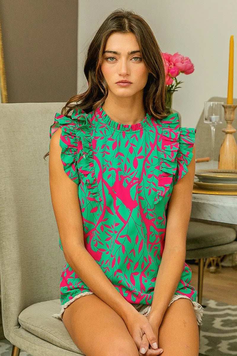 BiBi Leopard Leaves Print Woven Top - Trendsi - Flyclothing LLC