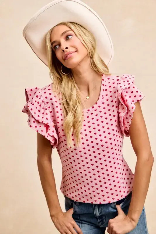 BiBi Heart Patterned Knit Ruffled Sleeves Top - Trendsi - Flyclothing LLC