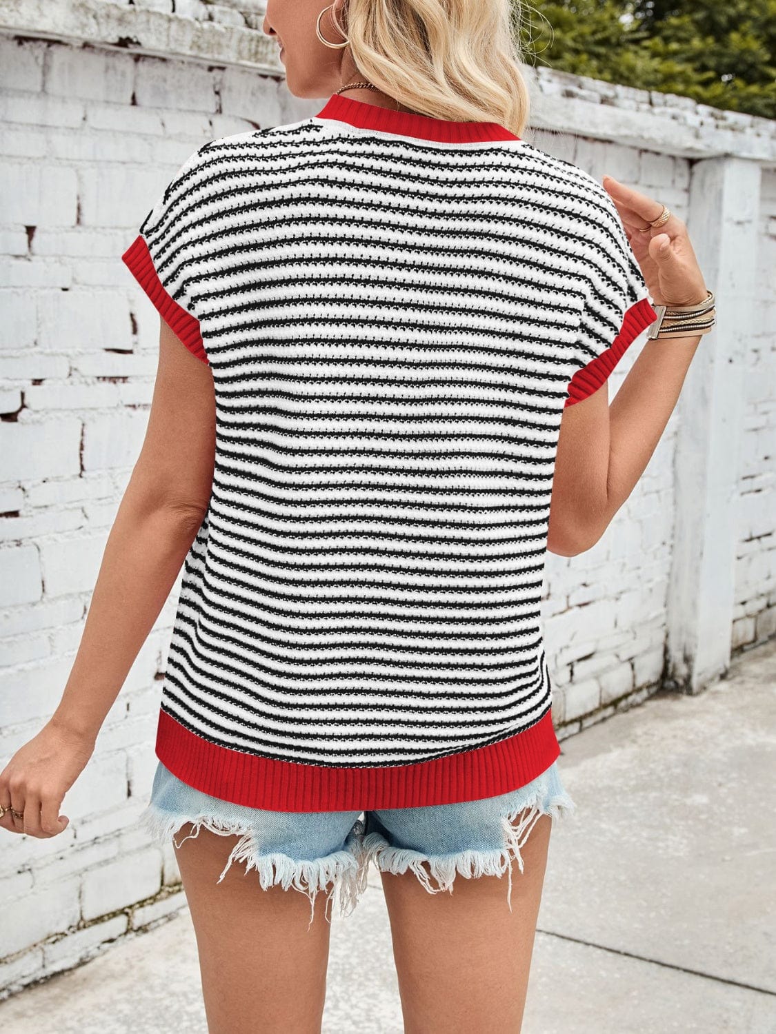 Lovelet Striped Round Neck Cap Sleeve Sweater - Trendsi