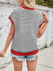 Lovelet Striped Round Neck Cap Sleeve Sweater - Trendsi