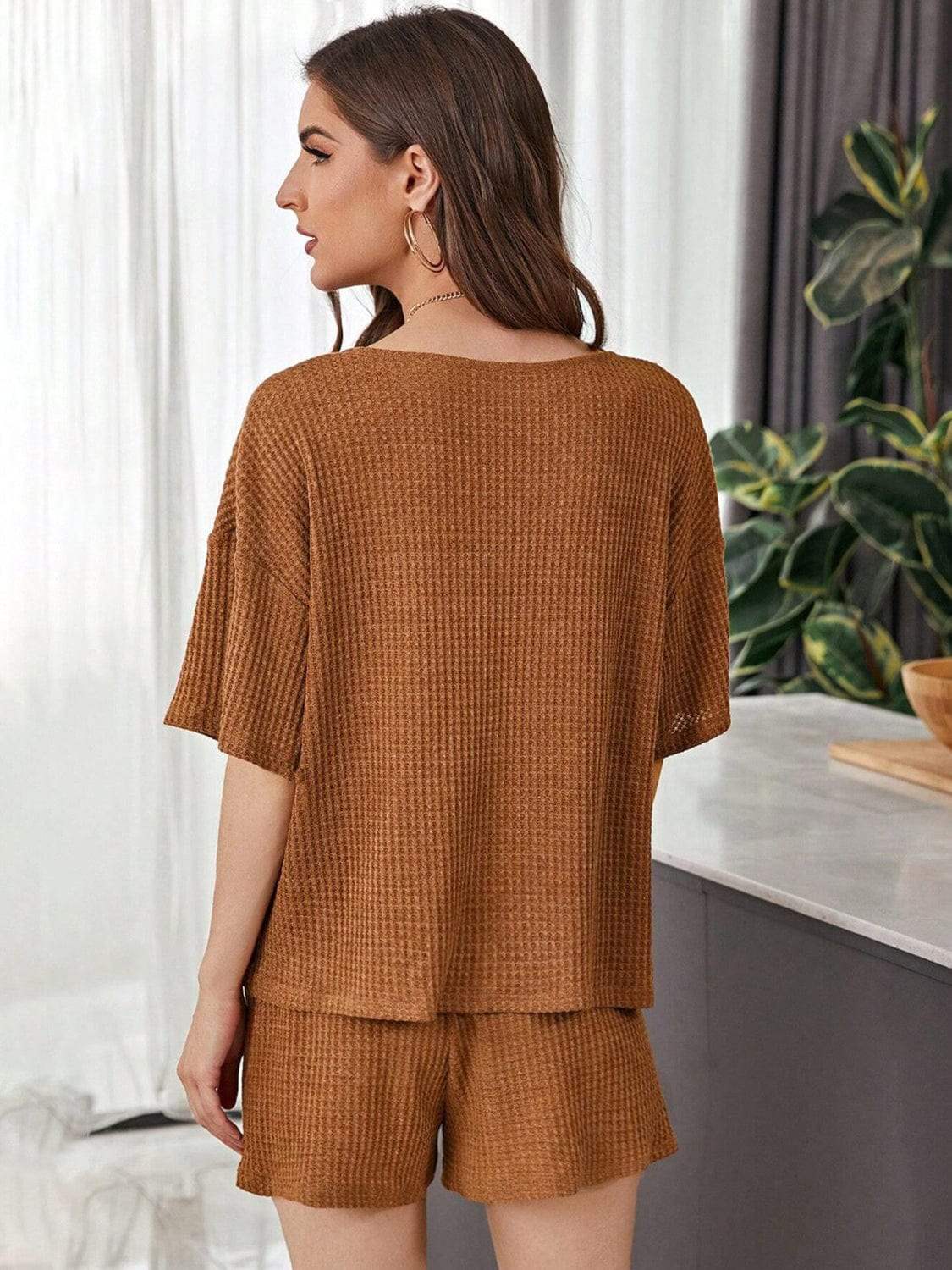 Full Size Waffle-Knit Dropped Shoulder Top and Shorts Set - Trendsi - Flyclothing LLC