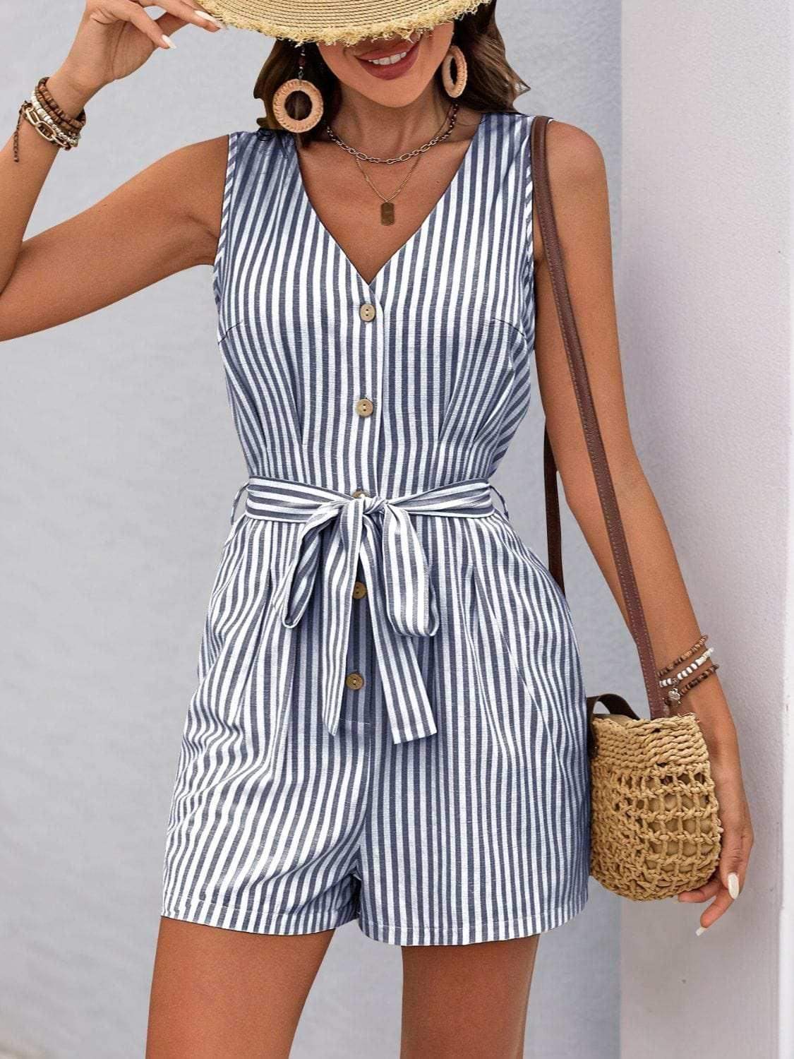 Perfee Striped V-Neck Tie Waist Romper - Trendsi - Flyclothing LLC